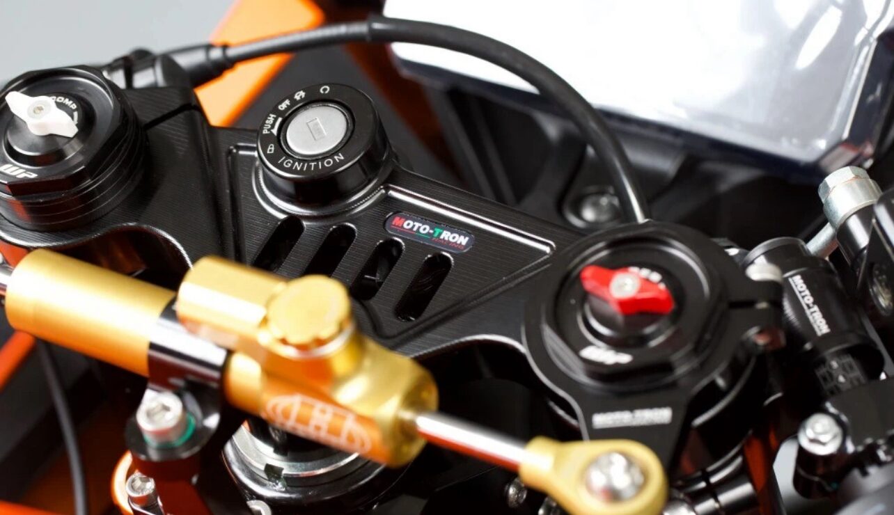 MOTO-TRON steering damper installed on a sport motorcycle